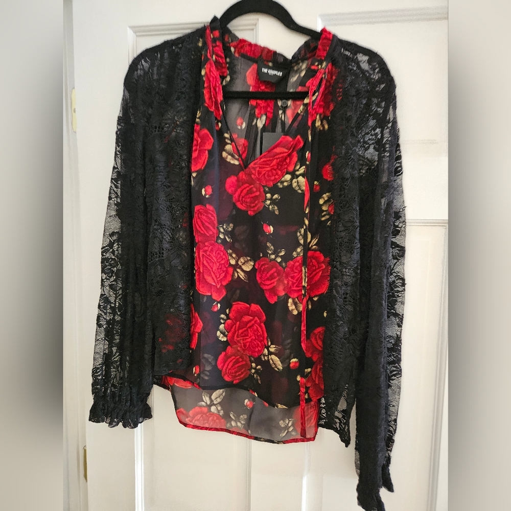KOOPLES SIZE 1 Floral Black and Red Sheer Blouse